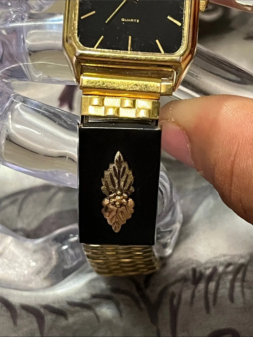 Gold-Tone Women's Watch with Black Dial and Black Bracelet Accent
